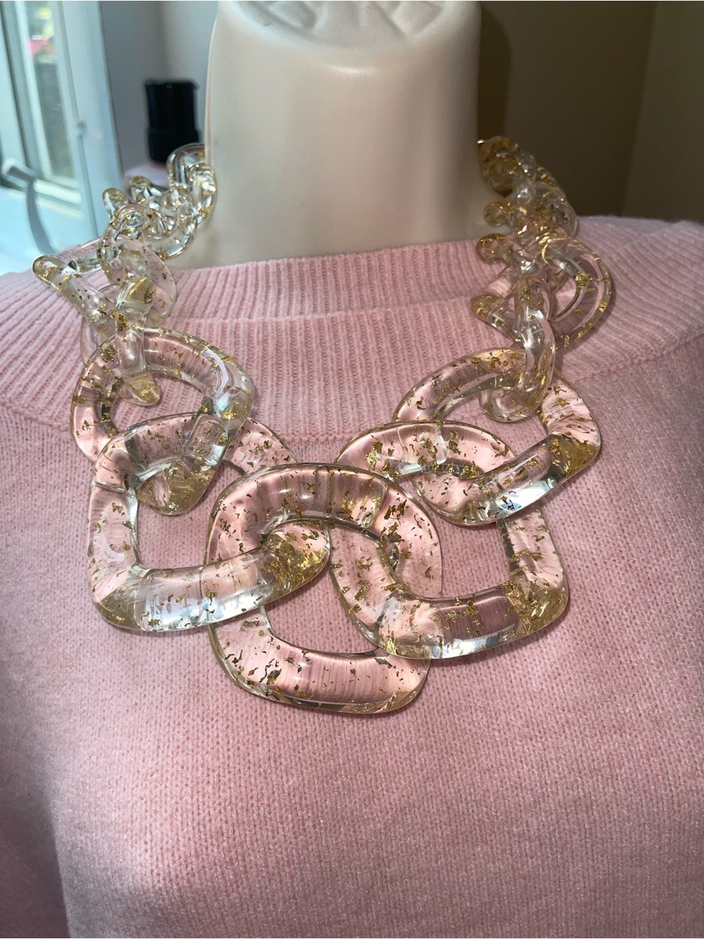 Elephant Chunky Clear Lucite & Gold Glitter Statement Necklace With Toggle Closu